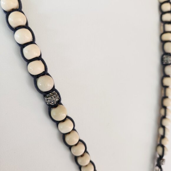 Chico's Boho Beaded Necklace Tassel Pendant Ethnic Wood Acrylic Cream Blue Green - Picture 6 of 11